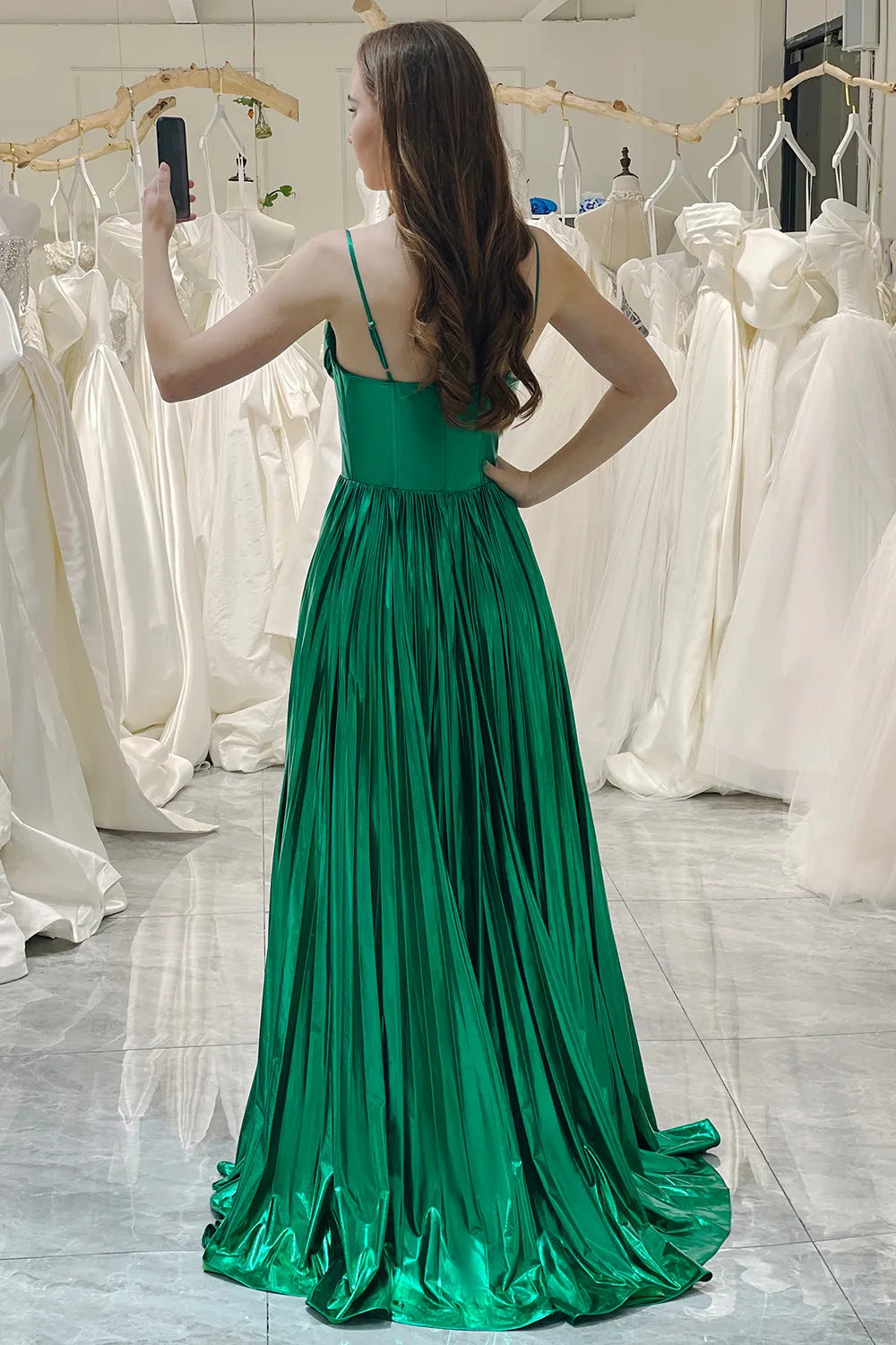 Wholesale Glitter Dark Green A Line Spaghetti Straps Long Metallic Prom Dress With Slit prom dresses shops
